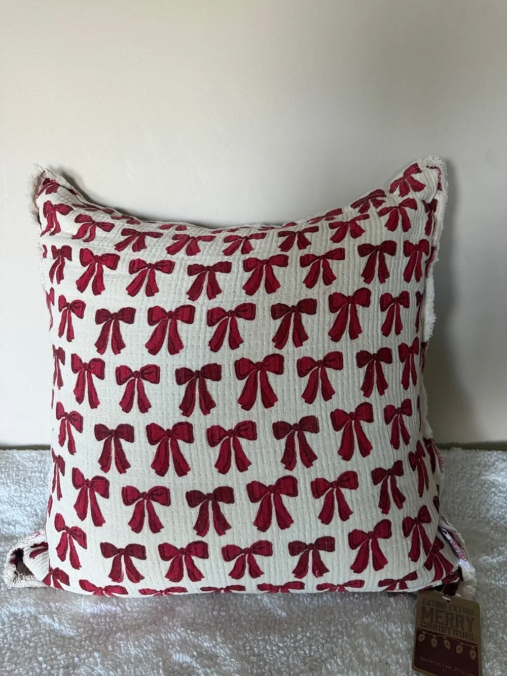 Holiday Christmas Red Bow Pillow Fringe Ivory NEW!